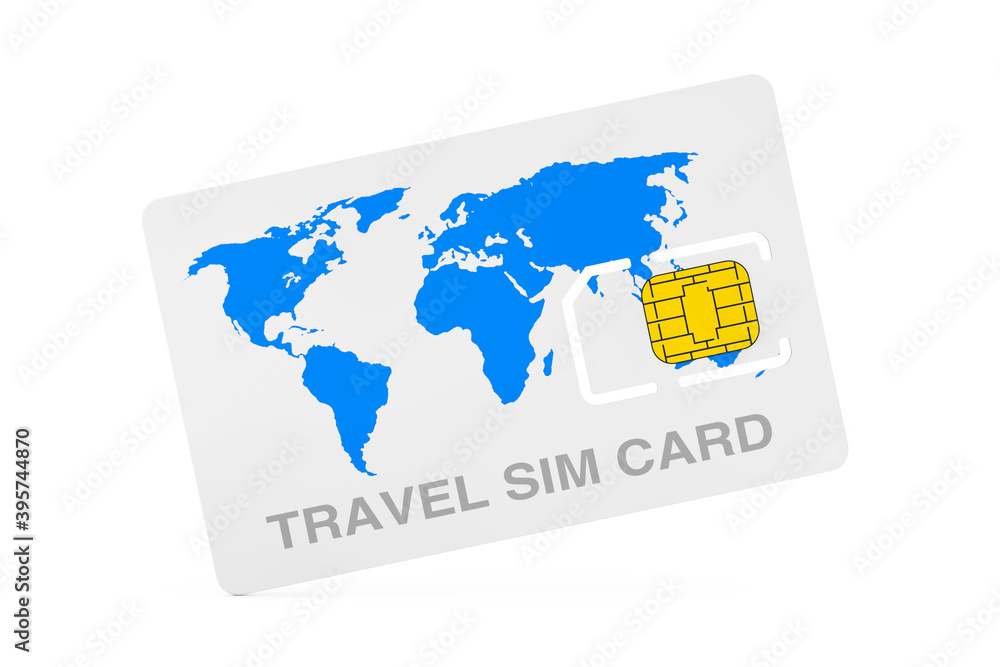 Aufkleber travel mobile phone sim card chip with world map. 3d rendering