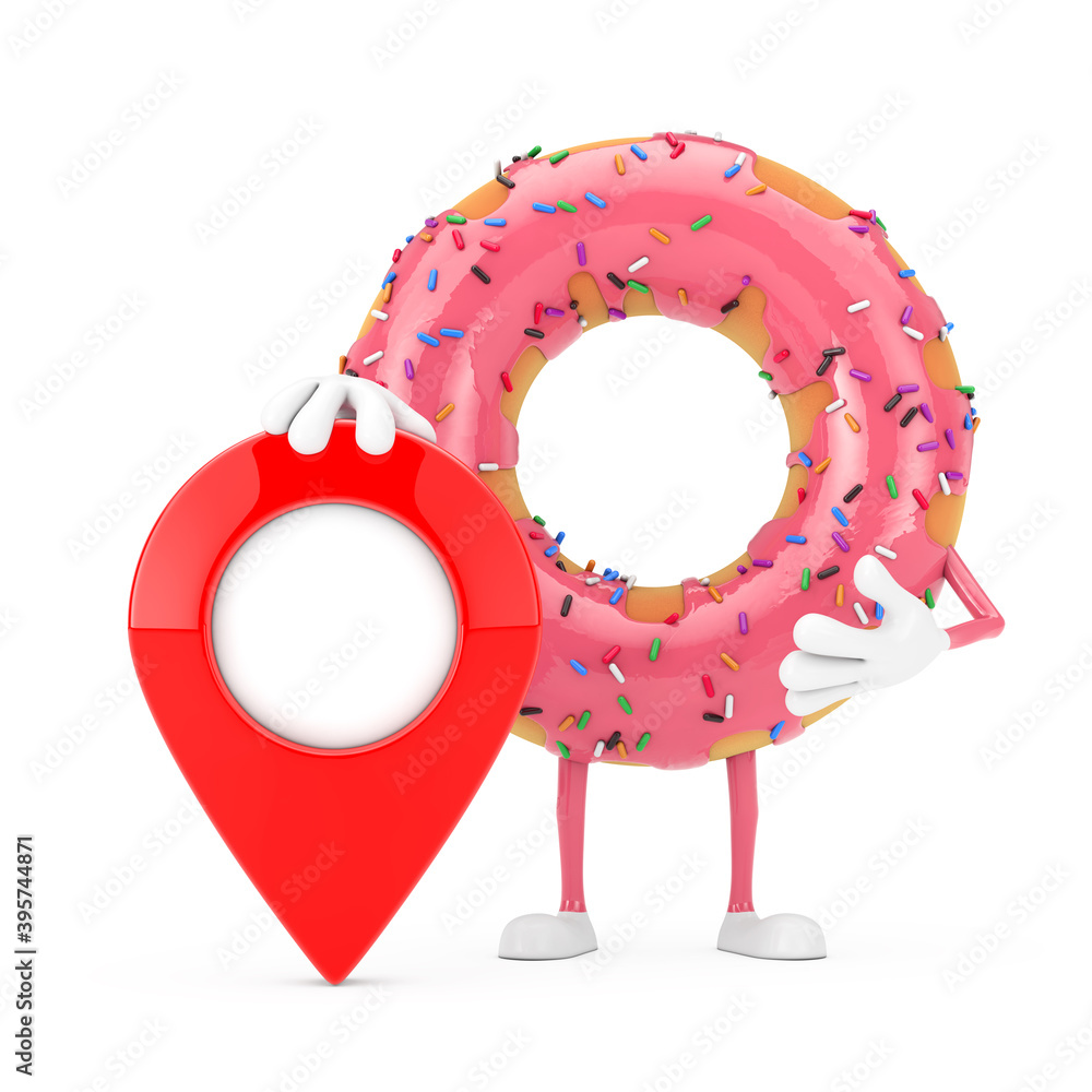 Fototapete Big Strawberry Pink Glazed Donut Character Mascot with Map Pointer Target Pin. 3d Rendering