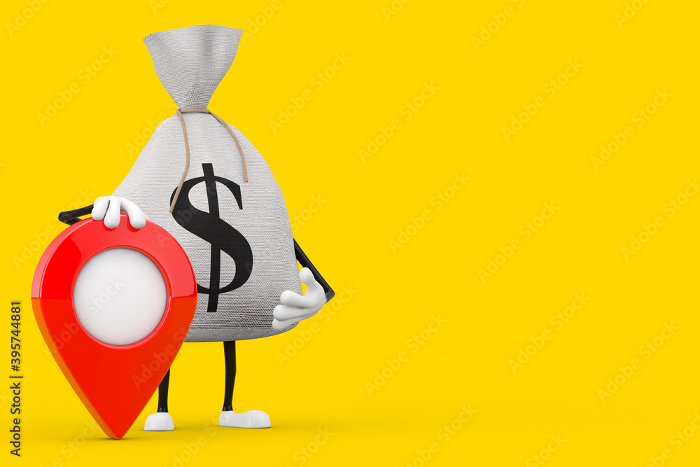 Poster tied rustic canvas linen money sack or money bag with map pointer target pin. 3d rendering