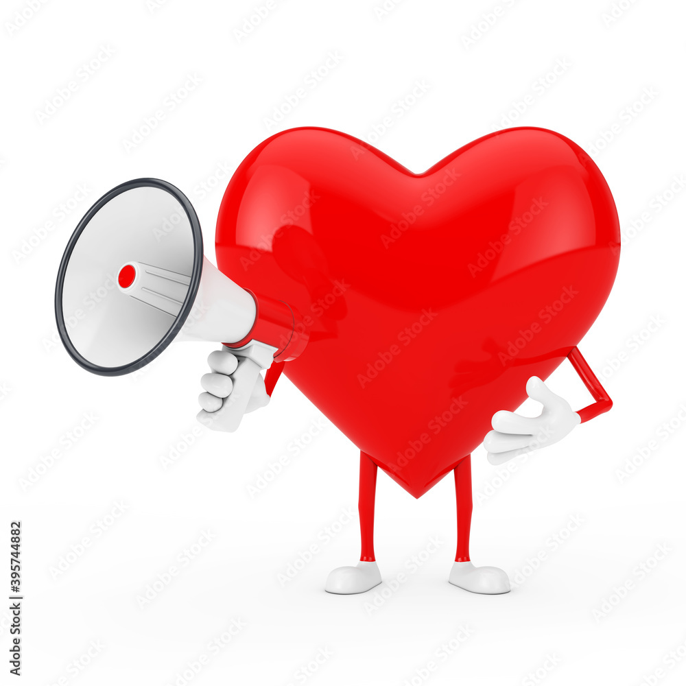 Poster red heart character mascot with red retro megaphone. 3d rendering