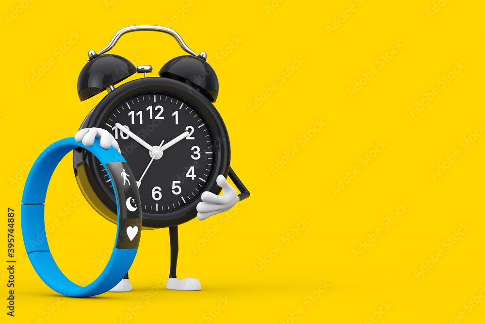 Poster alarm clock character mascot with blue fitness tracker. 3d rendering