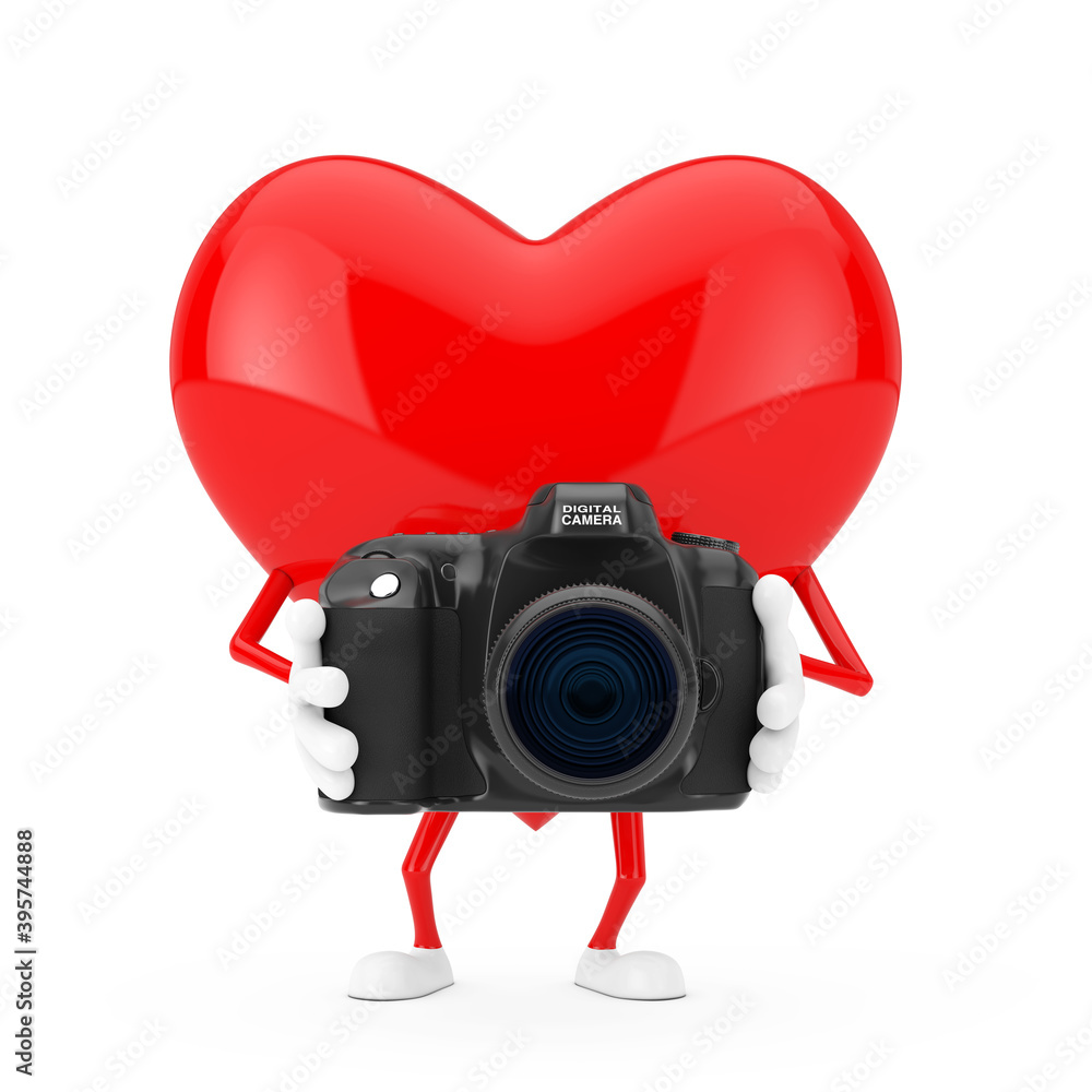 Aufkleber red heart character mascot with modern digital photo camera. 3d rendering