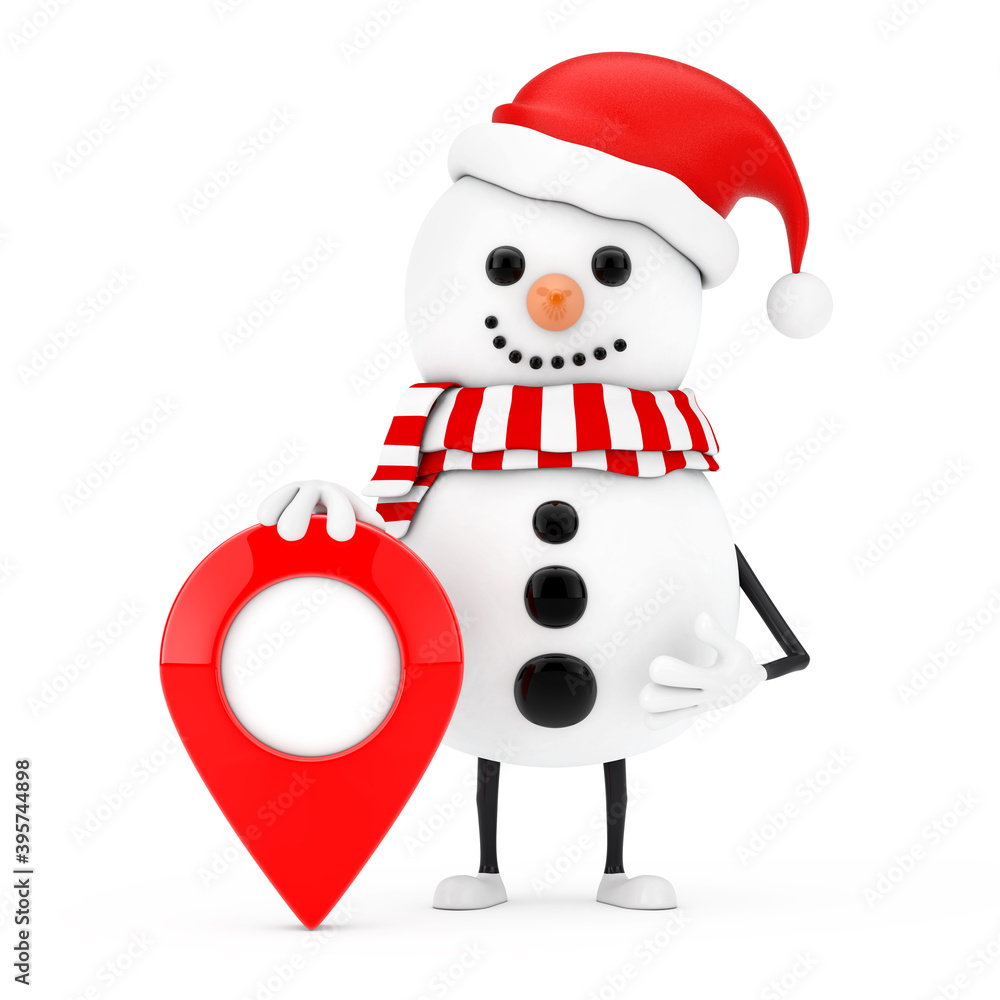 Fototapete Snowman in Santa Claus Hat Character Mascot with Map Target Pointer Pin. 3d Rendering