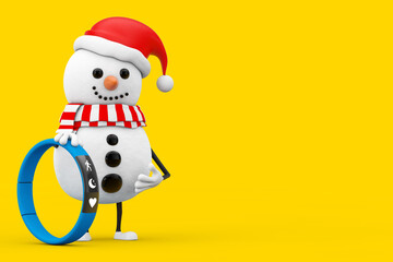 Snowman in Santa Claus Hat Character Mascot with Blue Fitness Tracker. 3d Rendering