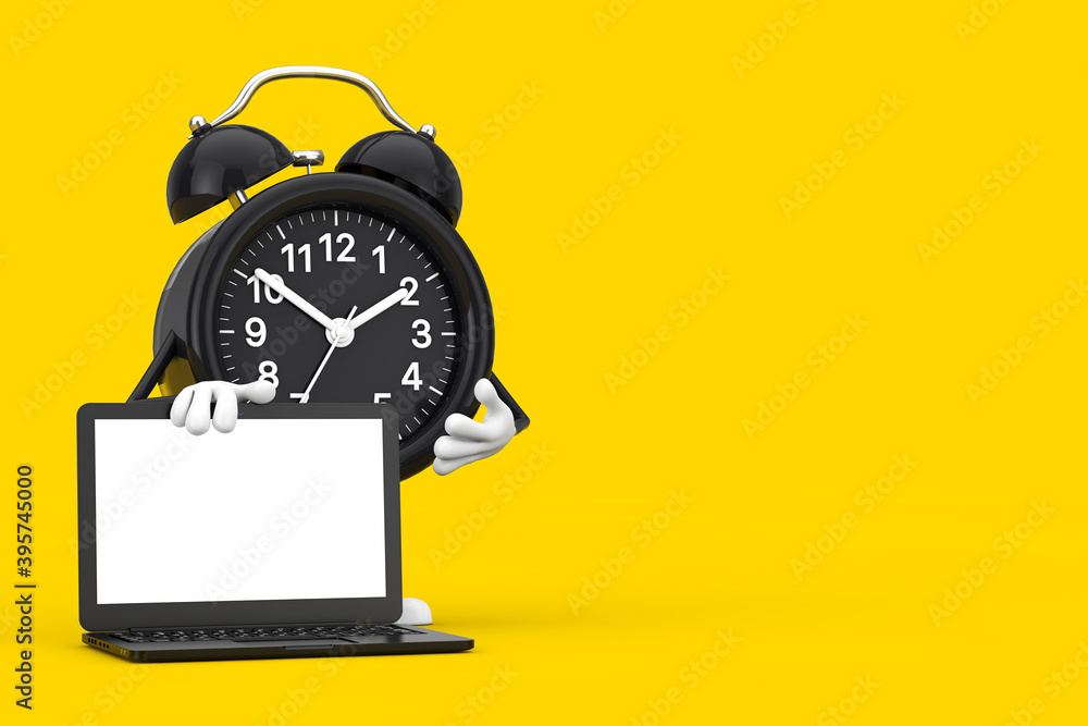Leinwandbilder Alarm Clock Character Mascot and Modern Laptop Notebook Computer with Blank Screen for Your Design. 3d Rendering