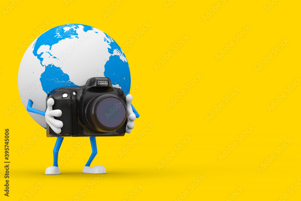 Poster earth globe character mascot with modern digital photo camera. 3d rendering