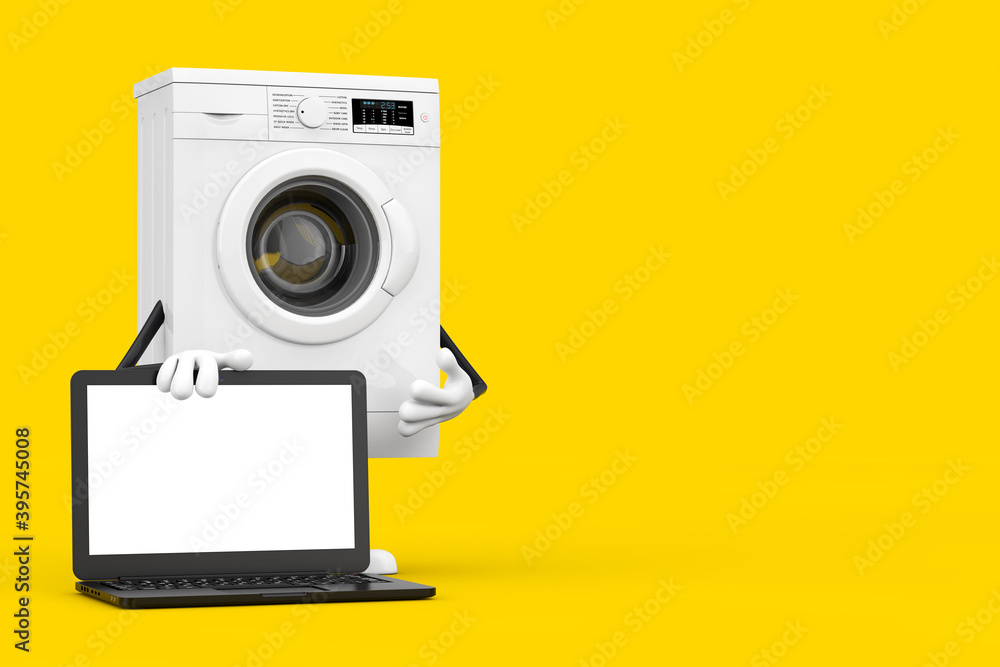 Poster modern white washing machine character mascot with modern laptop computer notebook and blank screen 
