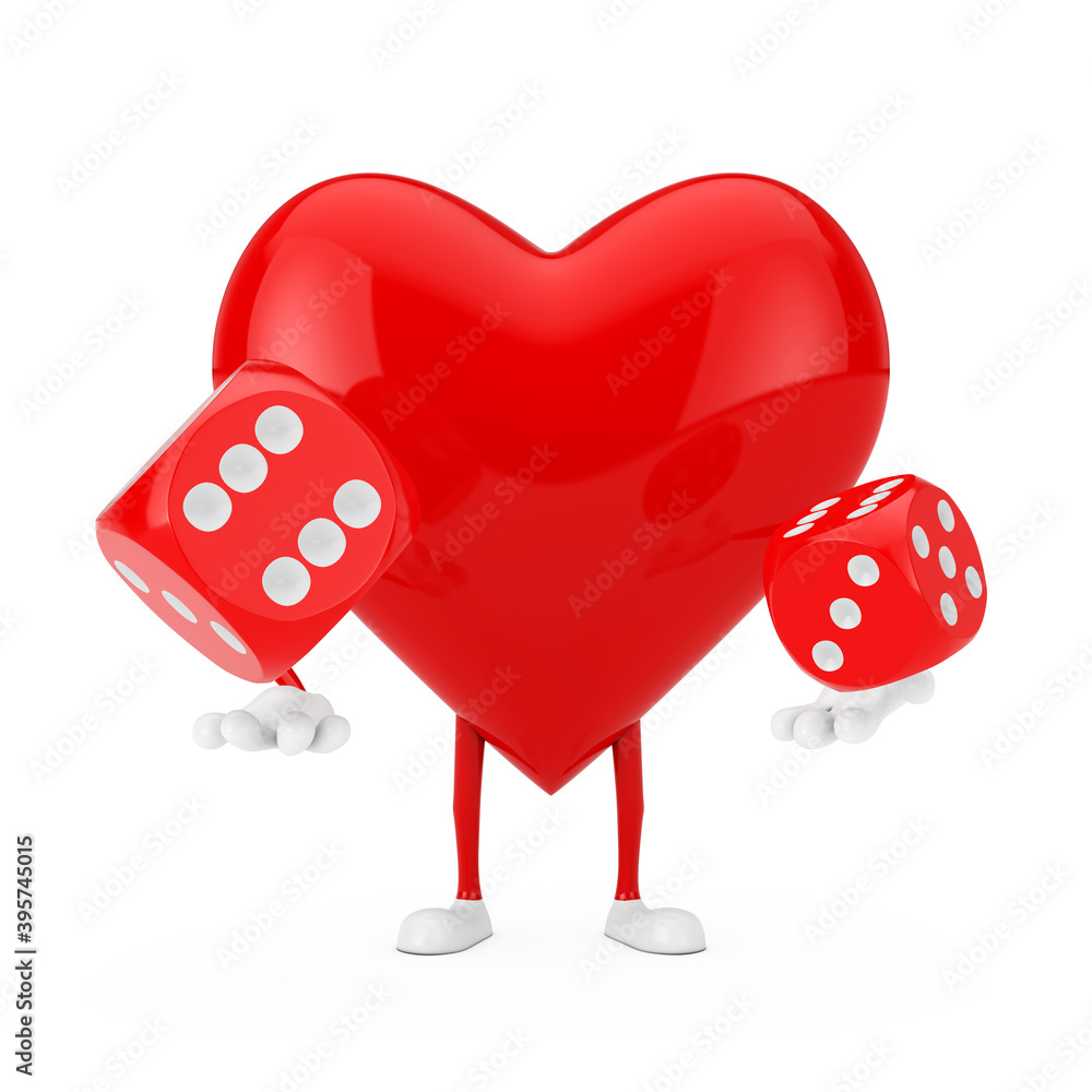 Leinwandbilder red heart character mascot with red game dice cubes in flight. 3d rendering