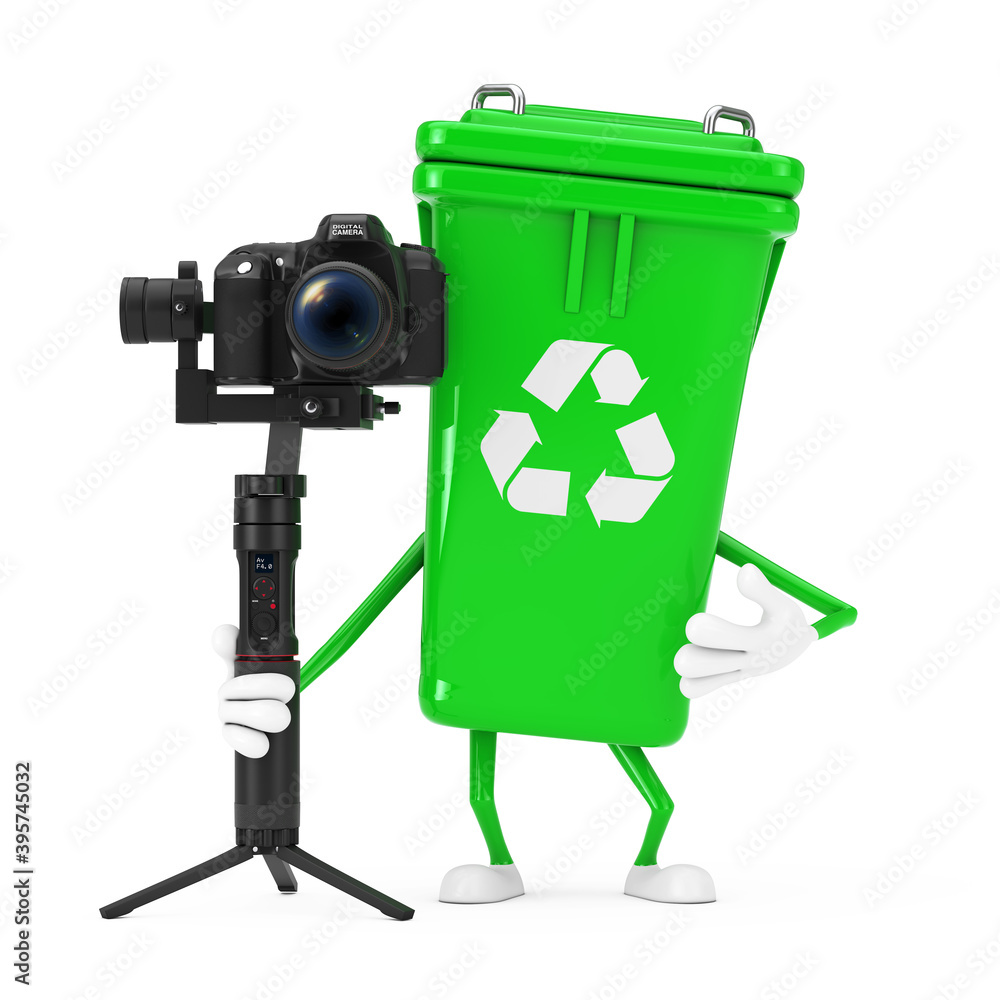 Fototapete recycle sign green garbage trash bin character mascot with dslr or video camera gimbal stabilization