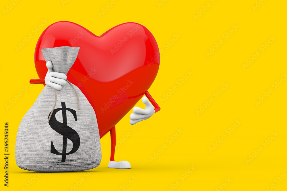Poster red heart character mascot and tied rustic canvas linen money sack or money bag with dollar sign. 3d