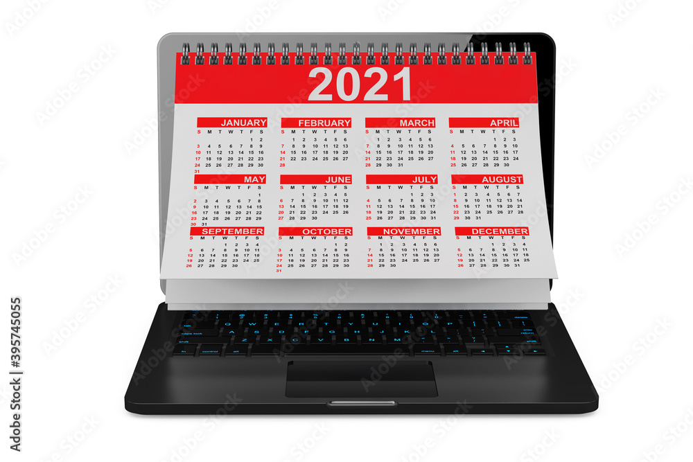 Aufkleber 2021 year calendar over laptop screen. 3d rendering