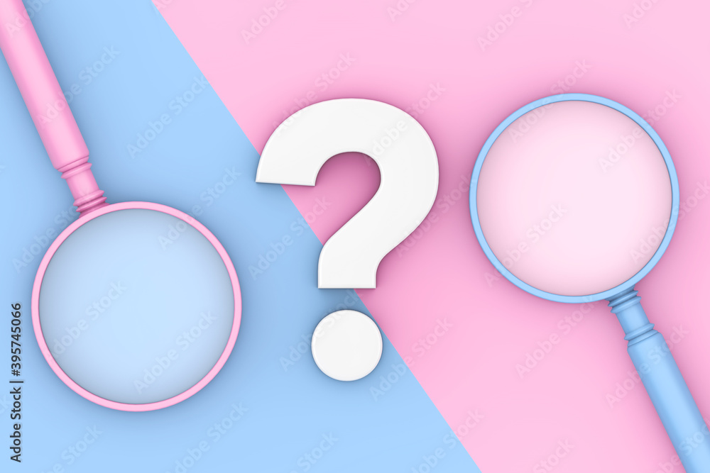 Poster blue and pink magnifying glass in duotone style with white question mark. 3d rendering