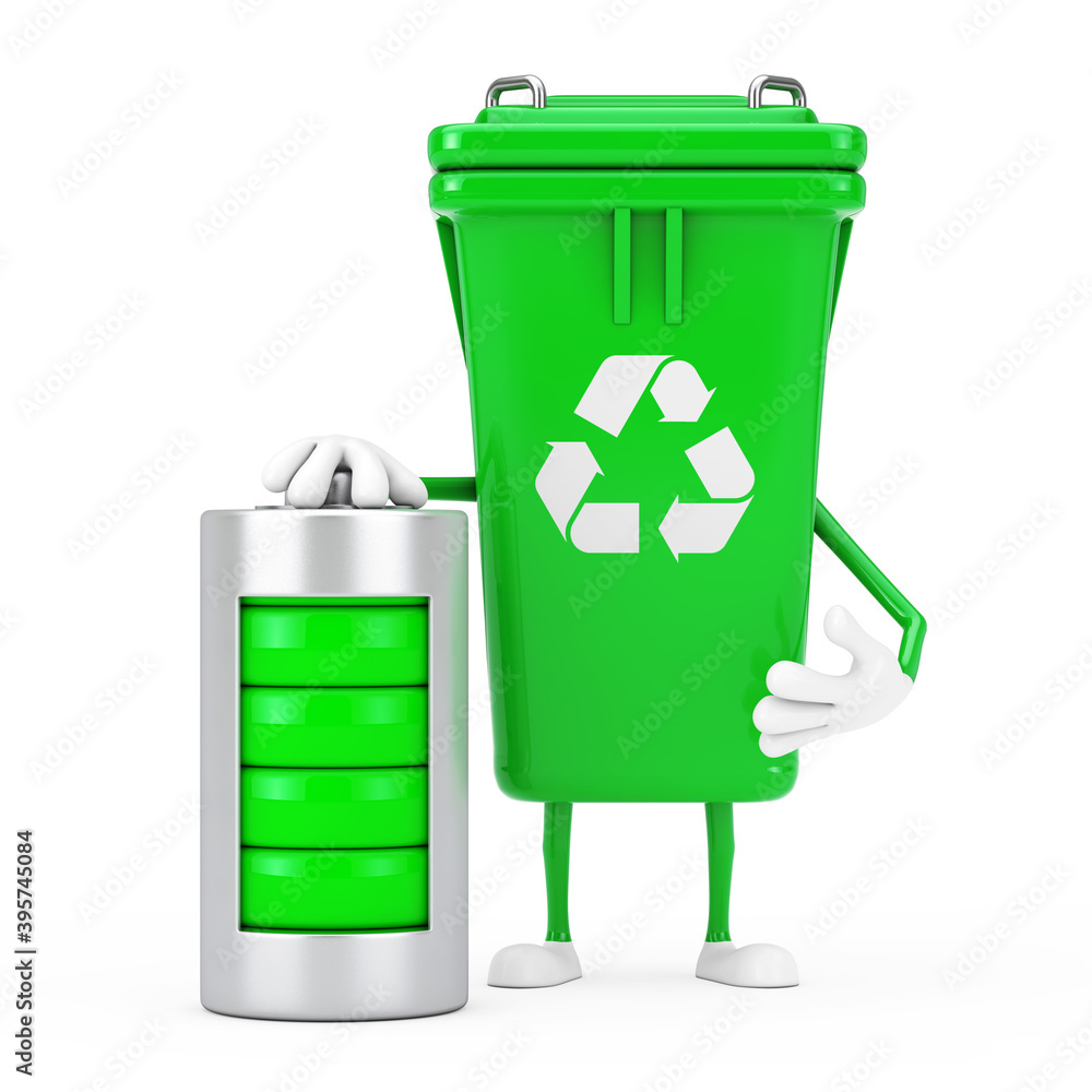 Poster Recycle Sign Green Garbage Trash Bin Character Mascot with with Abstract Charging Battery. 3d Rendering