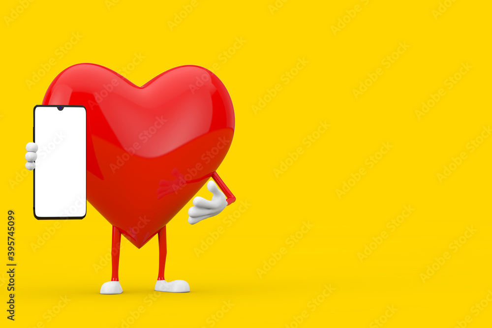Fototapete red heart character mascot and modern mobile phone with blank screen for your design. 3d rendering