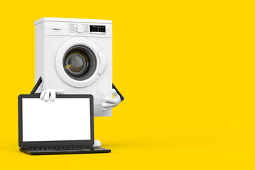 Modern White Washing Machine Character Mascot with Modern Laptop Computer Notebook and Blank Screen for Your Design. 3d Rendering