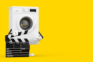 Modern White Washing Machine Character Mascot with Movie Clapper Board. 3d Rendering