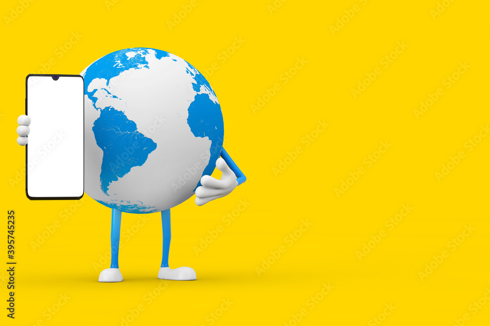 Poster earth globe character mascot and modern mobile phone with blank screen for your design. 3d rendering