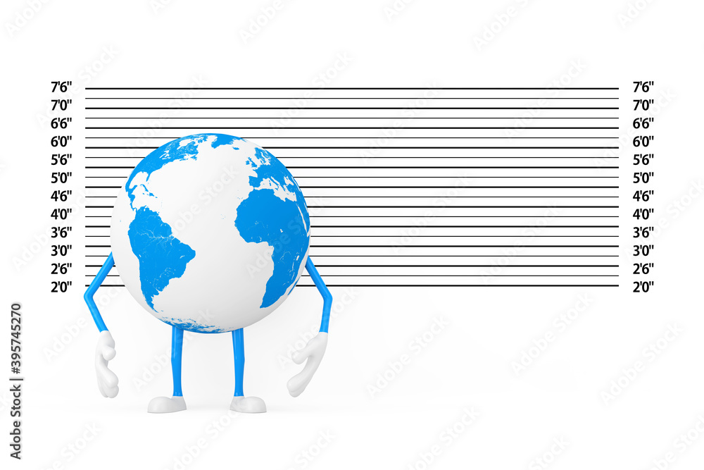 Poster earth globe character mascot in front of police lineup or mugshot background. 3d rendering