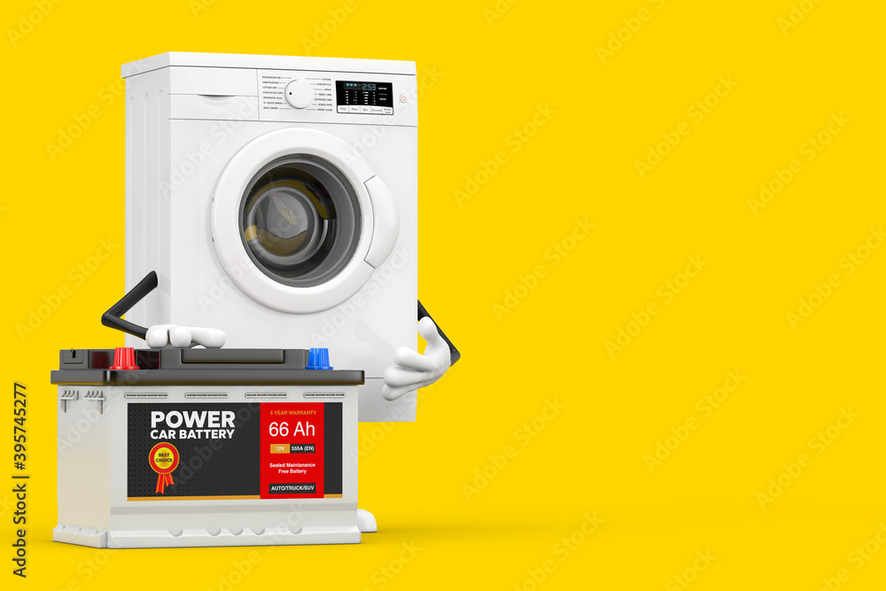 Poster modern white washing machine character mascot and rechargeable car battery 12v accumulator with abst