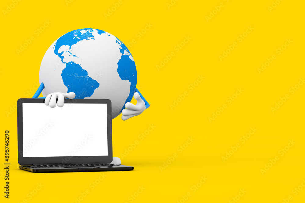 Poster earth globe character mascot and modern laptop notebook computer with blank screen for your design. 