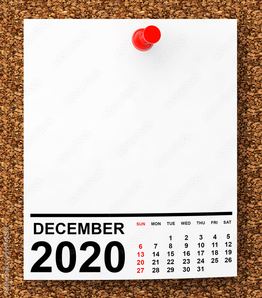 Aufkleber Calendar December 2020 on Blank Note Paper. 3d Rendering