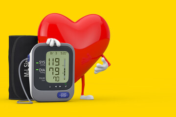 Red Heart Character Mascot and Digital Blood Pressure Monitor with Cuff. 3d Rendering