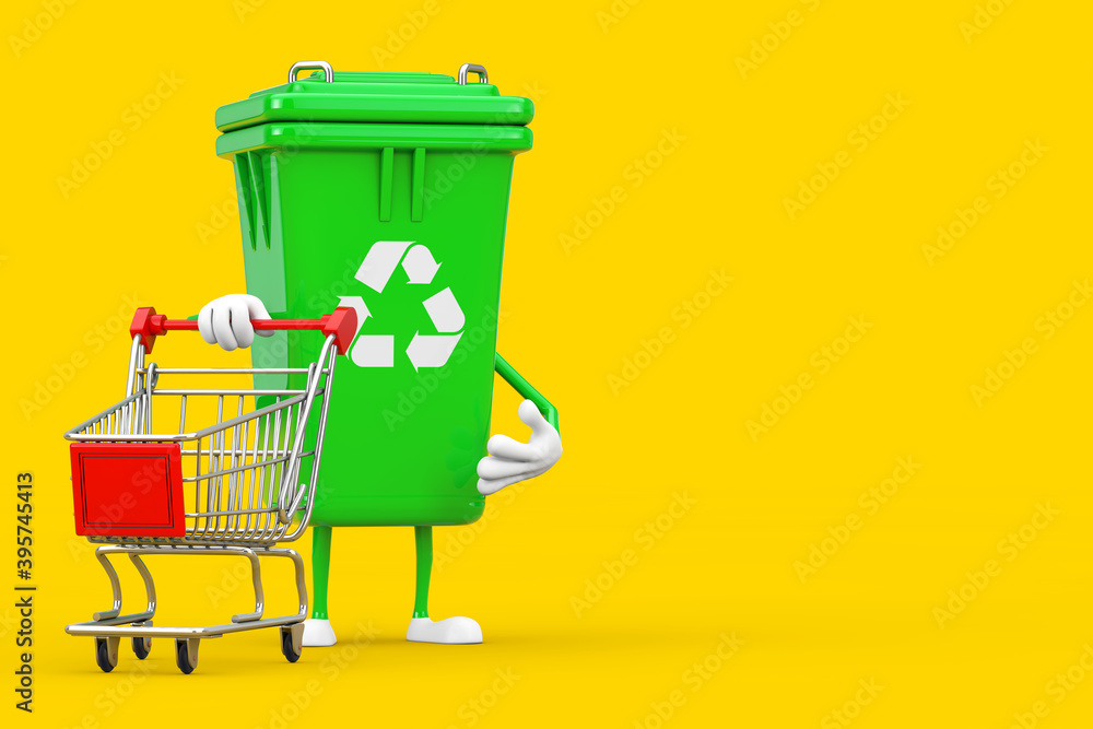 Leinwandbilder recycle sign green garbage trash bin character mascot with shopping cart trolley . 3d rendering