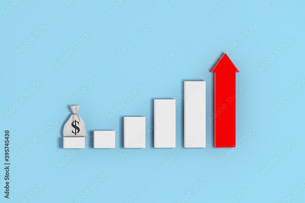 Aufkleber growing bars and red arrow chart graph diagram with tied rustic canvas linen money sack or money bag