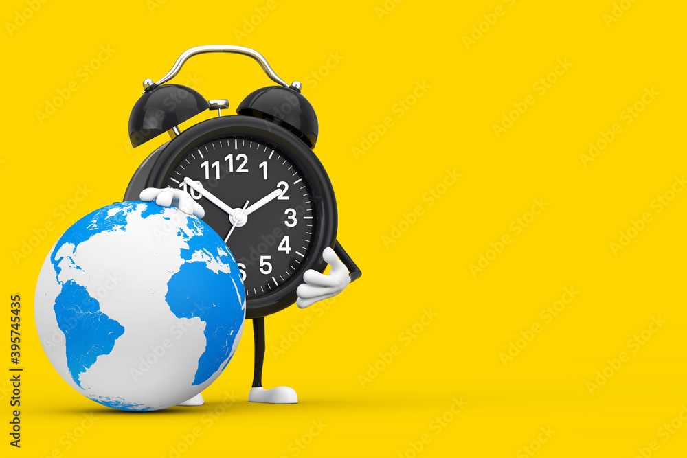 Poster alarm clock character mascot with gift box with earth globe. 3d rendering