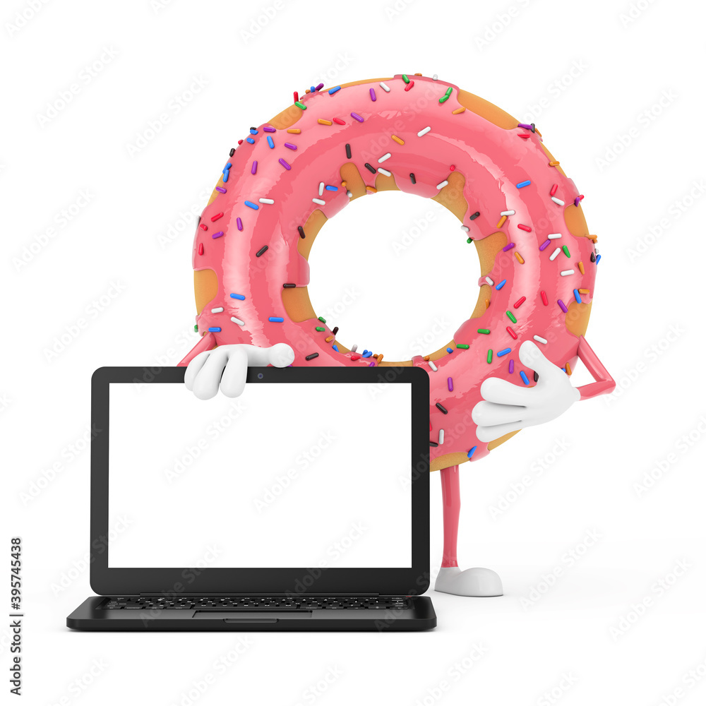 Leinwandbilder big strawberry pink glazed donut character mascot with modern laptop computer notebook and blank scr