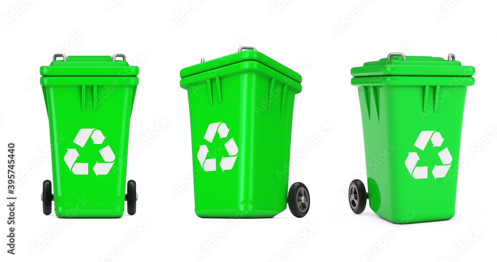 Aufkleber recycle sign green garbage trash bin. 3d rendering