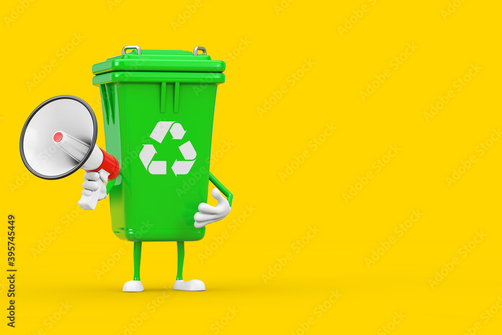 Aufkleber recycle sign green garbage trash bin character mascot with red retro megaphone . 3d rendering