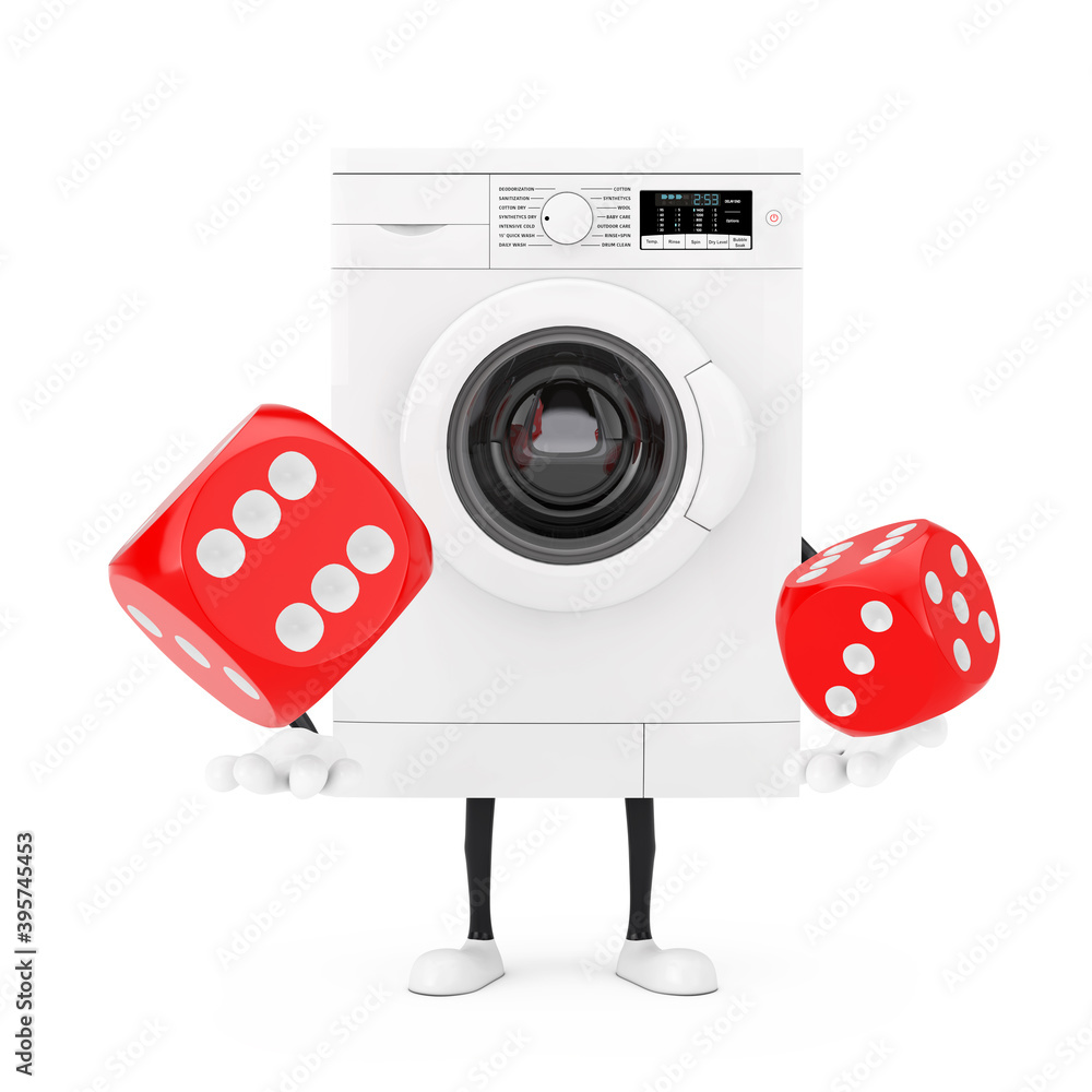 Leinwandbilder modern white washing machine character mascot with red game dice cubes in flight. 3d rendering