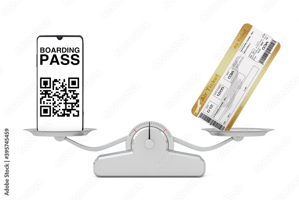 Aufkleber Mobile hone with Boarding Pass Application with Two Golden Business or First Class Airline Boarding Pass Fly Air Tickets on a Balanca Scale. 3d Rendering
