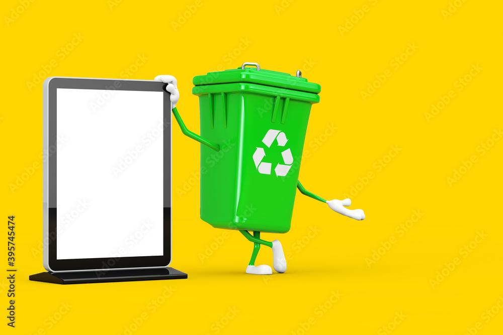 Aufkleber recycle sign green garbage trash bin character mascot with blank trade show lcd screen stand as temp