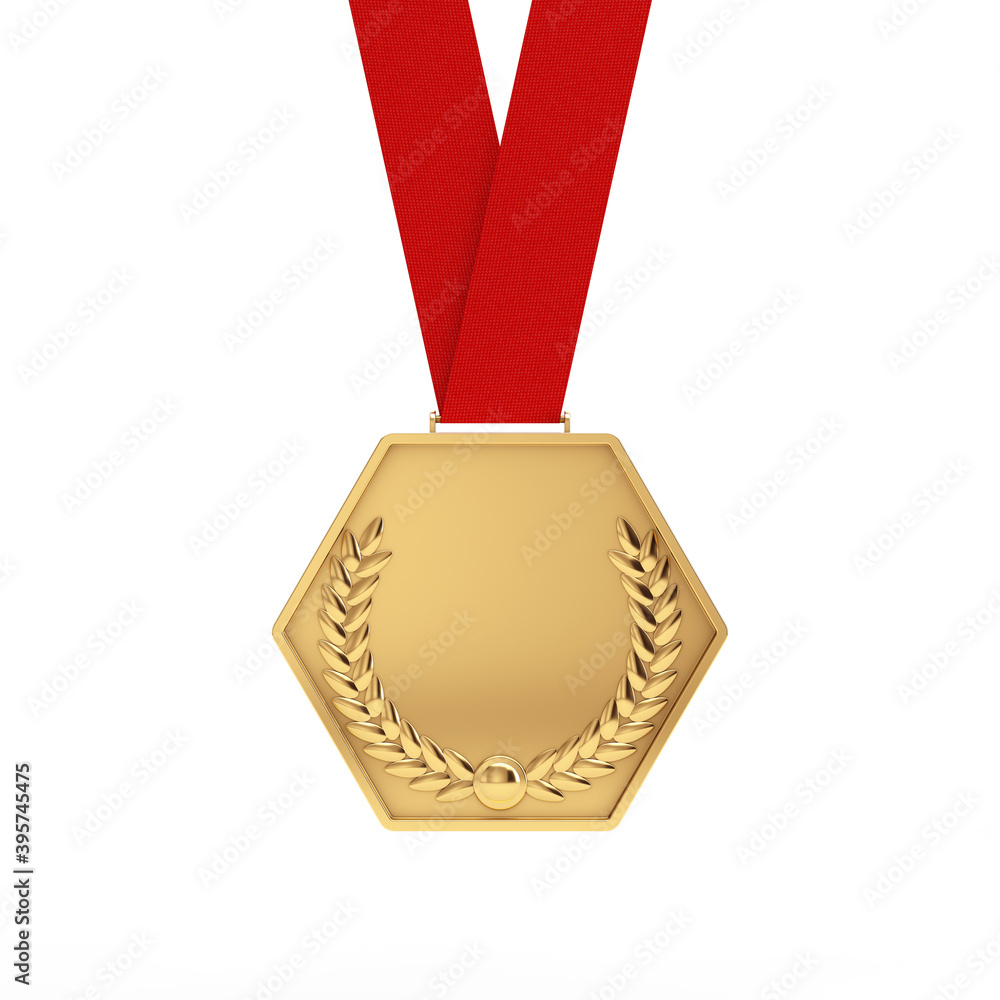 Poster golden medal with laurel wreath. 3d rendering