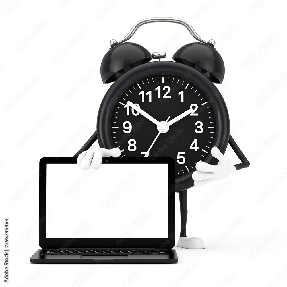 Leinwandbilder Alarm Clock Character Mascot and Modern Laptop Notebook Computer with Blank Screen for Your Design. 3d Rendering