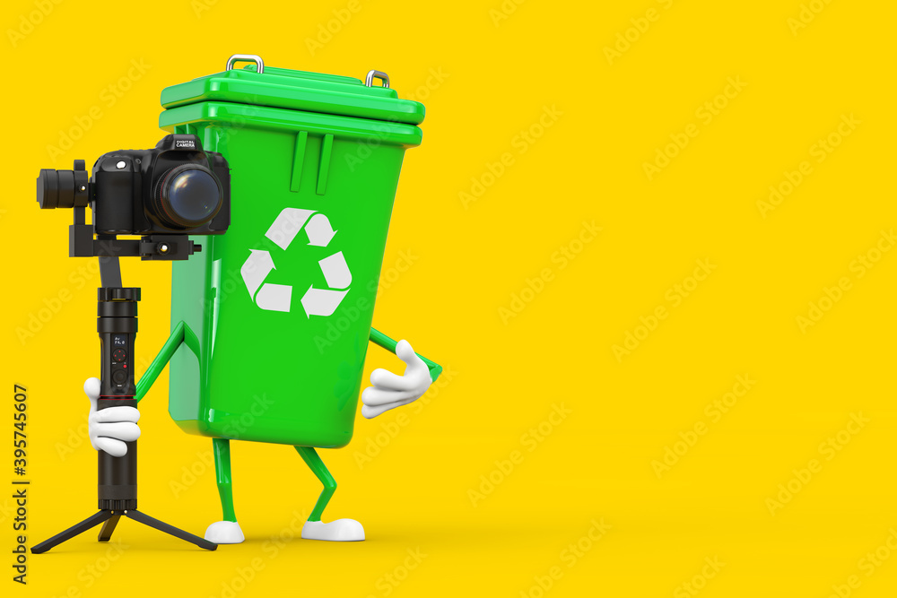 Fototapete recycle sign green garbage trash bin character mascot with dslr or video camera gimbal stabilization