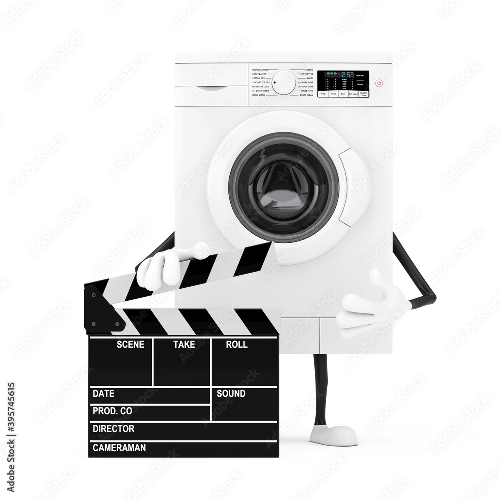 Poster modern white washing machine character mascot with movie clapper board. 3d rendering