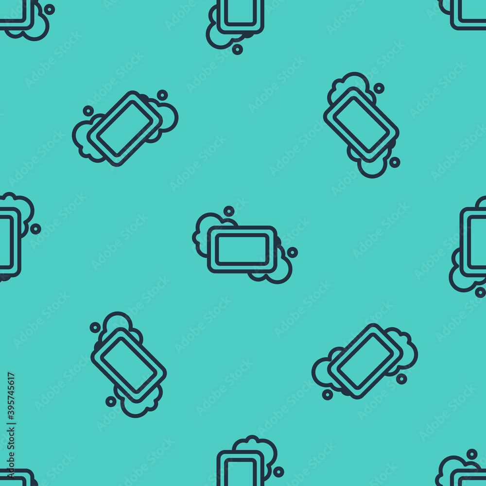 Poster black line bar of soap icon isolated seamless pattern on green background. soap bar with bubbles. ve