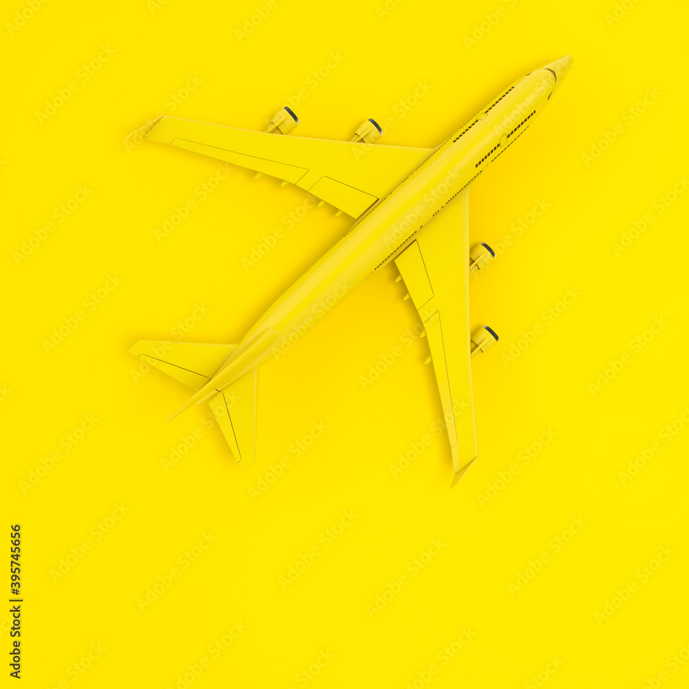 Poster top view of yellow jet passenger's airplane as duotone style. 3d rendering
