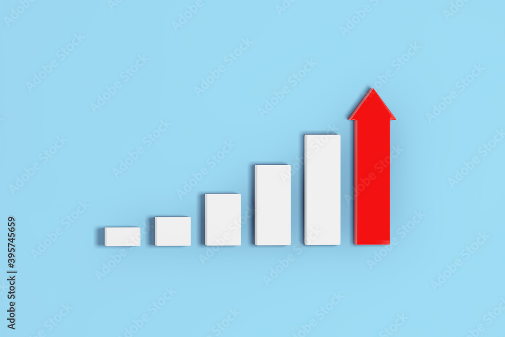 Fototapete growing bars and red arrow chart graph diagram. 3d rendering