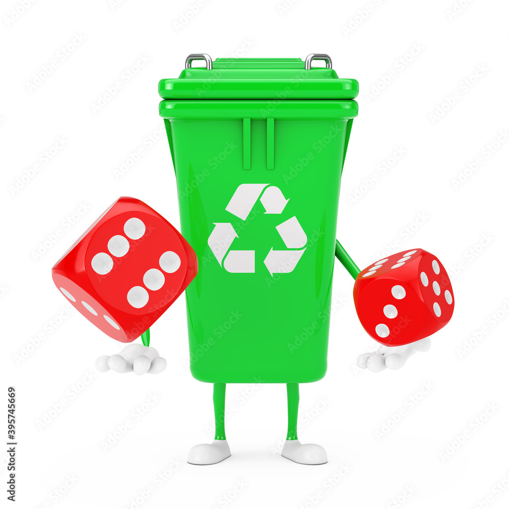 Leinwandbilder recycle sign green garbage trash bin character mascot with red game dice cubes in flight. 3d renderi