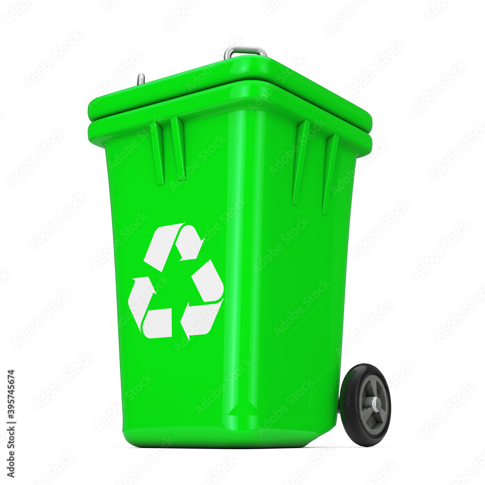 Poster recycle sign green garbage trash bin. 3d rendering