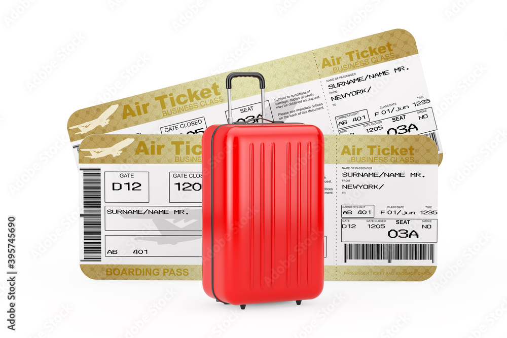 Poster travel concept. large red polycarbonate suitcase in front of two golden business or first class airl