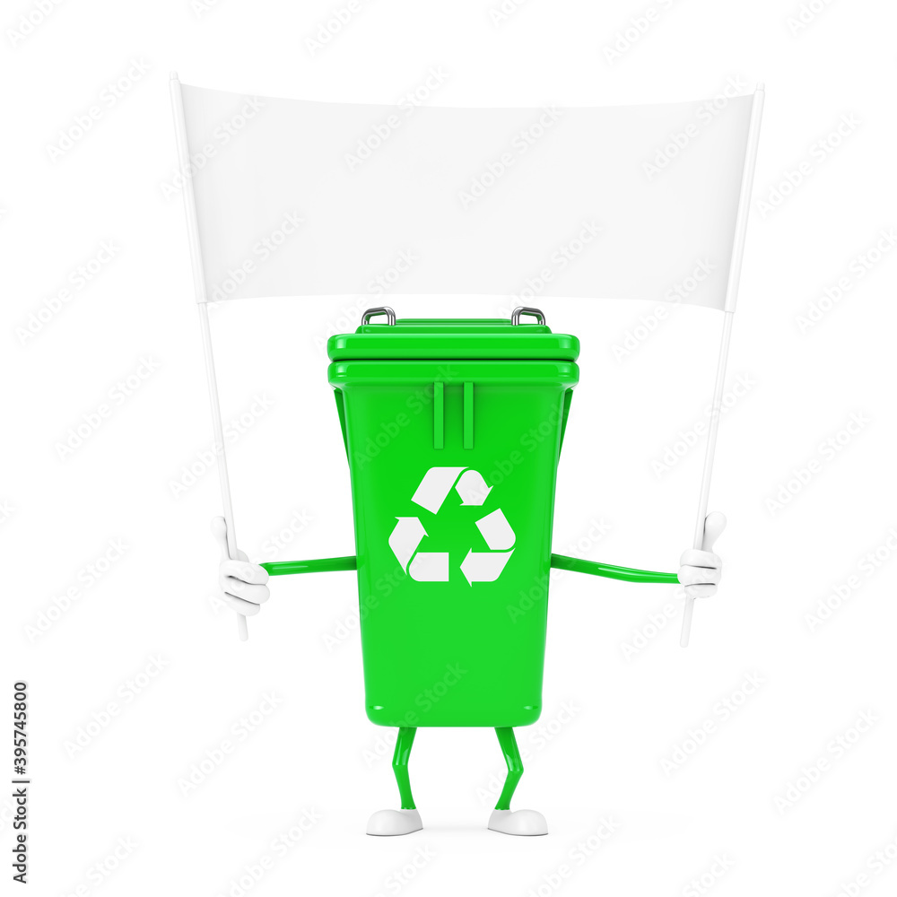 Fototapete recycle sign green garbage trash bin character mascot and empty white blank banner with free space f