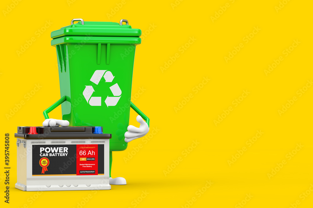 Leinwandbilder recycle sign green garbage trash bin character mascot and rechargeable car battery 12v accumulator w
