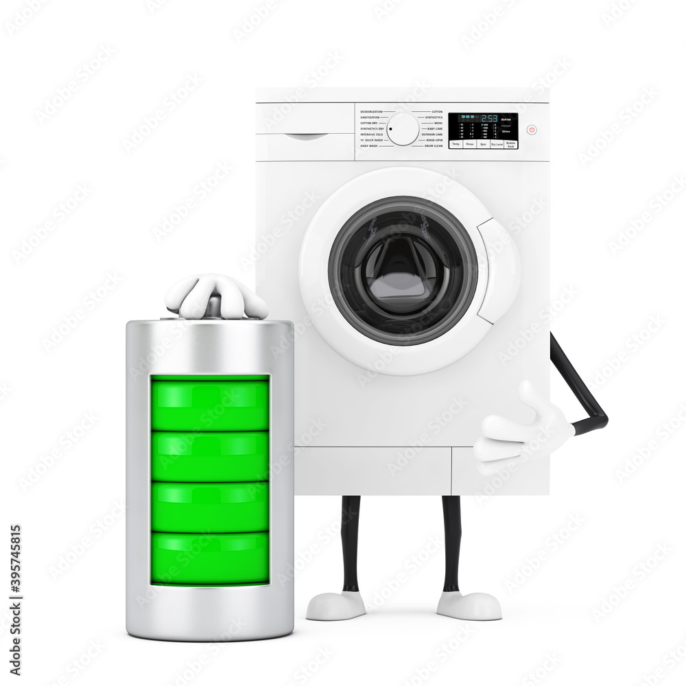 Aufkleber modern white washing machine character mascot with with abstract charging battery. 3d rendering