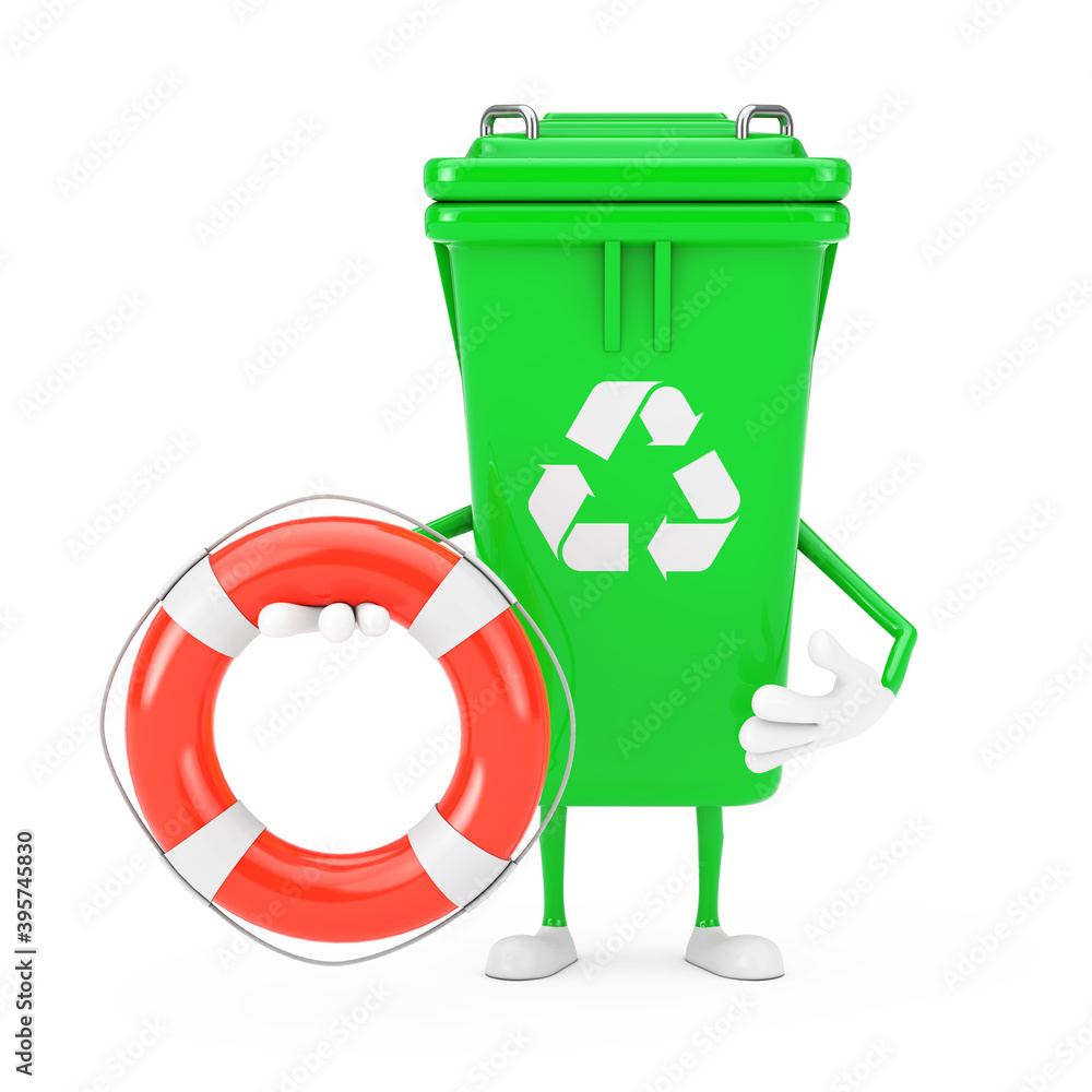Aufkleber recycle sign green garbage trash bin character mascot with life buoy. 3d rendering
