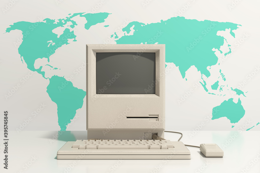 Aufkleber Retro Personal Computer. The System Unit, Monitor, Keyboard and Mouse in front of World Map. 3d Rendering